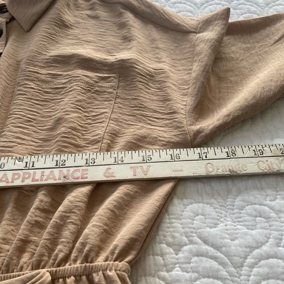 Monteau Crinkle Shirt Dress Tan Knee Length Roll Tab 3/4 Sleeves Size Small - Picture 12 of 14